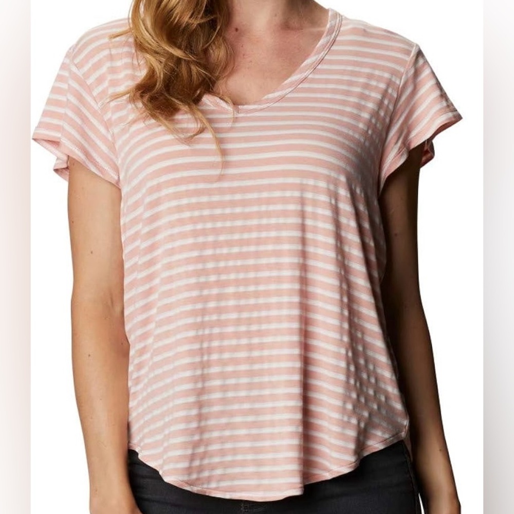 🏕️Columbia, Sz Large, Pink & White Striped, Short Sleeve Women’s Camping T-Shirt